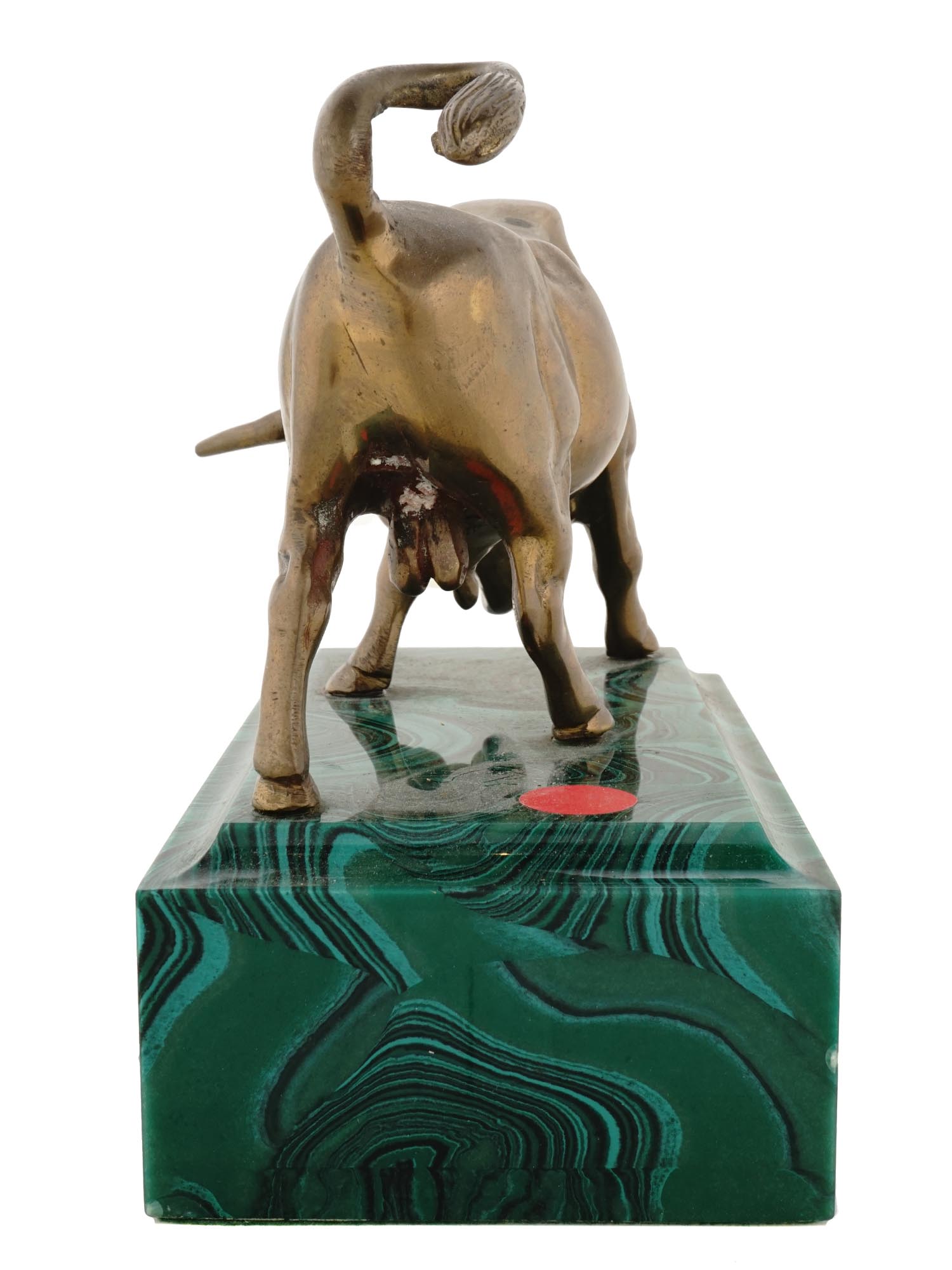 RUSSIAN BRONZE FIGURE OF BULL ON MALACHITE STAND PIC-4